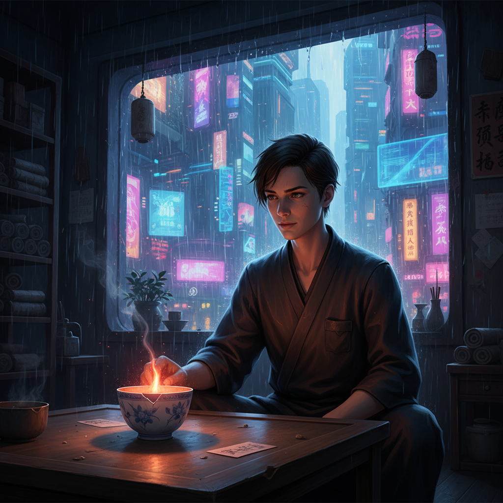 The Last Tea House Under Neon Rain